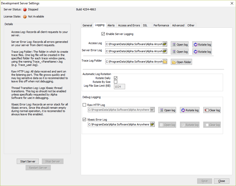 Logging settings tab